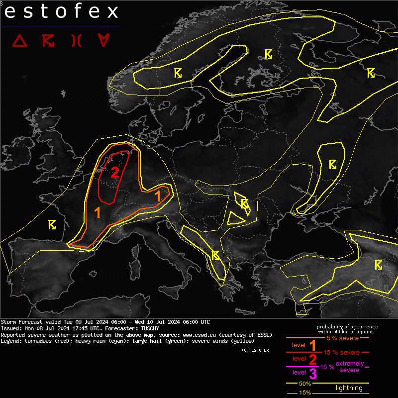A Level 2 has been issued primarily for damaging wind gusts in a belt from N France towards Netherlands. Read more at estofex.org