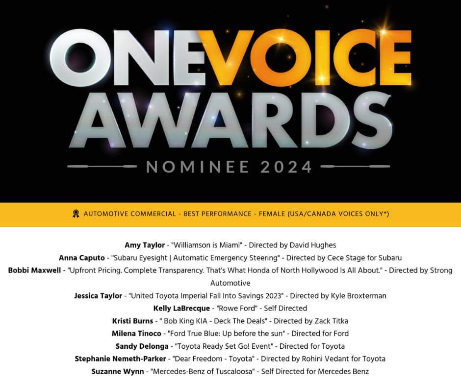 maxwell_bobbi's tweet photo. Not only are automotive ads one of  my favorite types of VO, it's my biggest genre. To be included as a nominee for "automotive commercial/best performance/female" at the upcoming One Voice Awards/USA is just the icing on the cake. Congrats ladies, you all rock!🚘🚙🚗 https://t.co/pVRIxmih7y