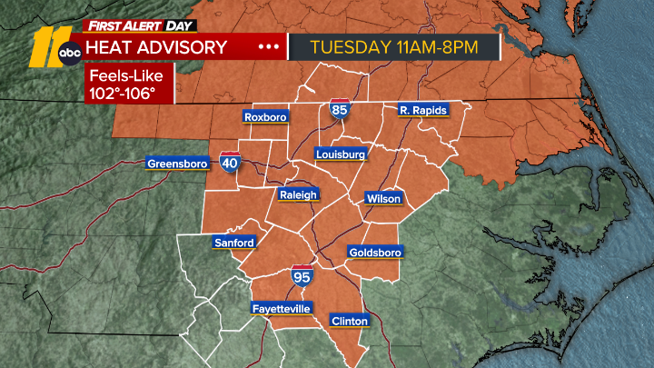 BigweatherABC11's tweet photo. Tomorrow (Tuesday) is a #firstalertday because of another heat advisory for most of the @ABC11_WTVD viewing area. #heatwave https://t.co/r1H3vbtKle