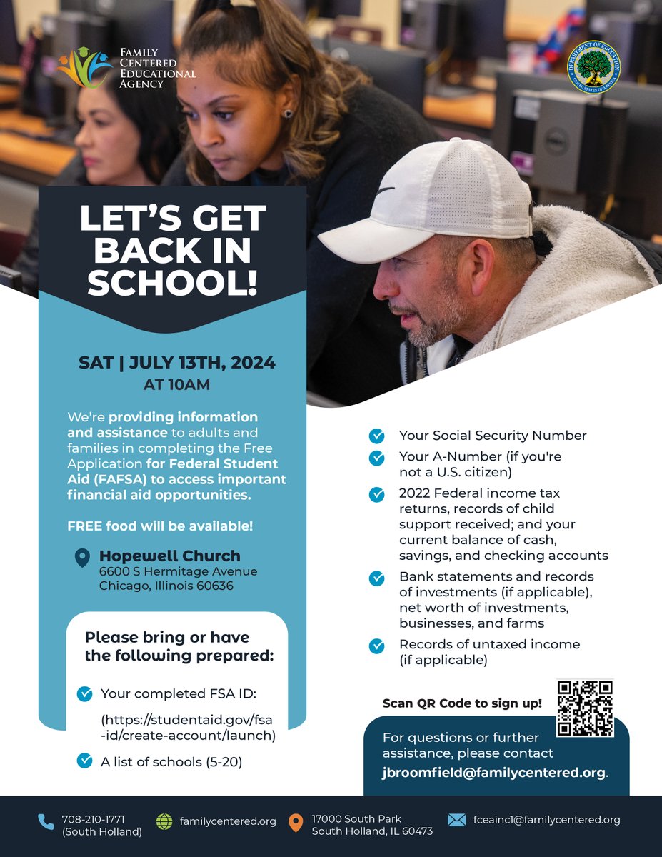 Saturday, July 13th, we’re providing information and assistance to adults and families in completing the FAFSA to access important financial aid opportunities. This will be held at our annual Rock The Wood event in Englewood. Join us for free food, games, and more! #trioworks
