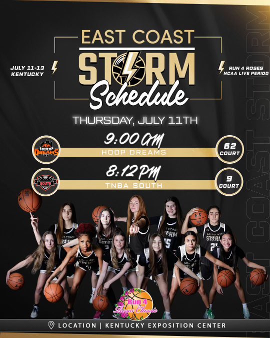 Can’t wait to play again with my teammates this week at Run 4 the Roses! Here is our schedule so far. @ECStorm_aau