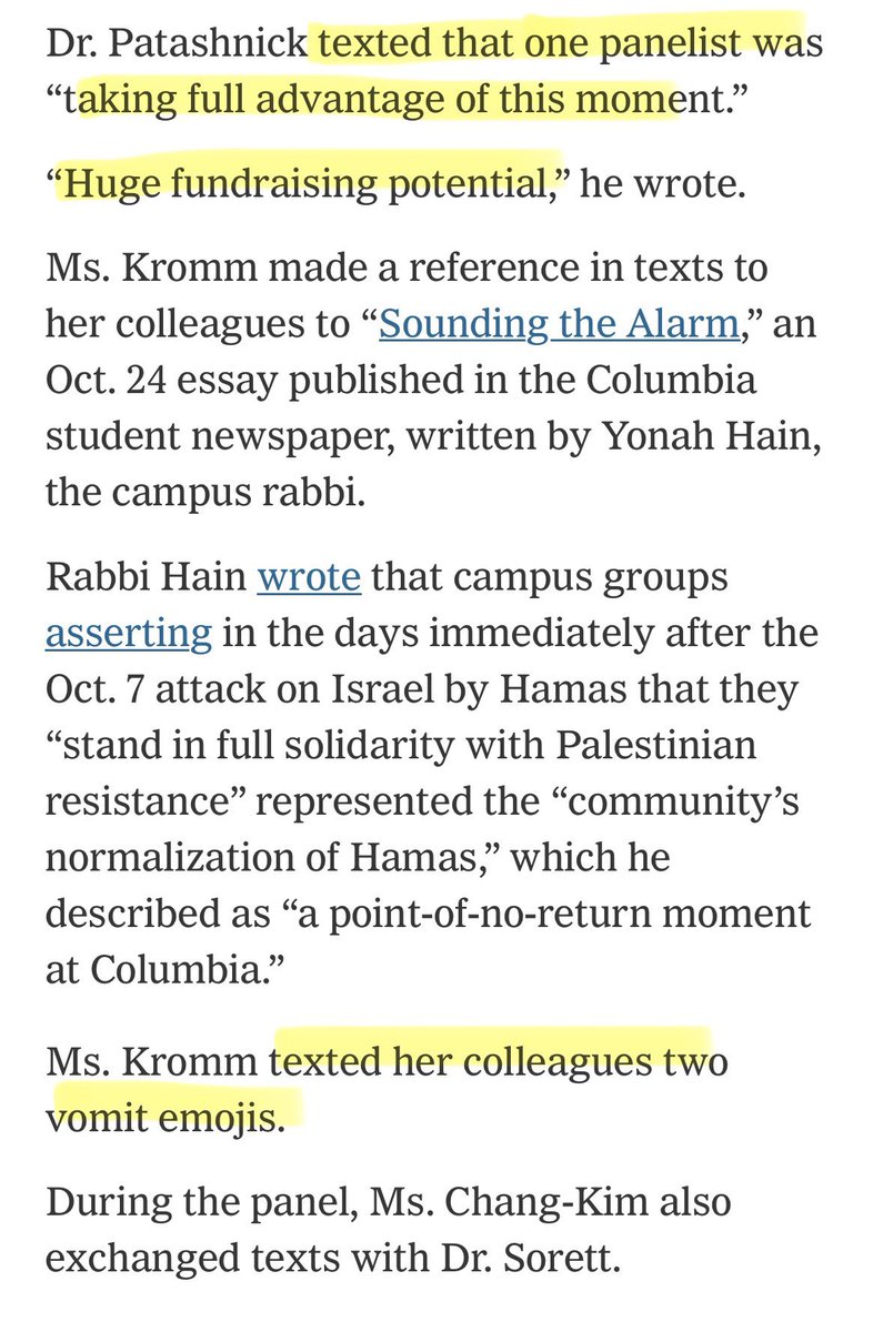 SanaSaeed's tweet photo. 3 Columbia deans were just suspended after being accused of ‘antisemitism’ when photos of a groupchat were leaked. Apparently discussing exploitation of a political moment for fundraising, using 🤮, ‘LMAO’, pointing out the influence of privilege and wealth within higher education are all antisemitic tropes. 

This is the dangerous impact of the IHRA definition, which I discuss below, in action.