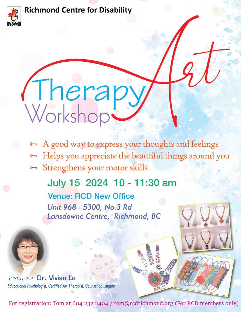 RCD_Richmond's tweet photo. Excellent opportunity to #LearnAboutYourself #ExpressThoughts_Feelings in this brand new #ArtTherapyWorkshop with the Richmond Centre for Disability, offered by #EducationalPsychologist Dr. Vivian Lo.
For registration, call Tom at 604-232-2404
More info https://t.co/QWz76Sv6mf https://t.co/GIhtM6FW0N