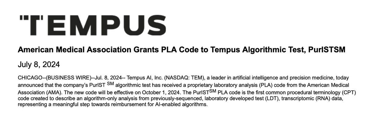 big healthcare AI news today as <a href="/TempusAI/">Tempus</a> received the first-ever CPT code for an algorithm-only analysis of previously-sequenced, laboratory developed test transcriptomic data. TLDR: AI molecular phenotyping has a new business model.

the PurISTSM test uses RNA profiling to