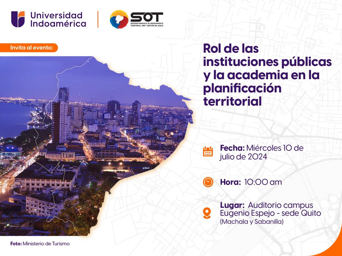 SOT Ecuador (@sot_ecuador) on Twitter photo #SOTEcuador y la <a href="/Uni_Indoamerica/">Universidad Indoamérica</a>, desarrollarán el evento “Rol de las instituciones públicas y la academia en la planificación territorial", que contará con la participación de <a href="/PlanificacionEc/">Secretaría Nacional de Planificación 🇪🇨</a>, <a href="/ViviendaEc/">Ministerio de Desarrollo Urbano y Vivienda 🇪🇨</a> <a href="/F_EcoCiencia/">Fundación EcoCiencia</a> <a href="/ESPEU/">ESPE</a> <a href="/FLACSOec/">FLACSO Ecuador</a> . #SOTEcuador y la <a href="/Uni_Indoamerica/">Universidad Indoamérica</a>, desarrollarán el evento “Rol de las instituciones públicas y la academia en la planificación territorial", que contará con la participación de <a href="/PlanificacionEc/">Secretaría Nacional de Planificación 🇪🇨</a>, <a href="/ViviendaEc/">Ministerio de Desarrollo Urbano y Vivienda 🇪🇨</a> <a href="/F_EcoCiencia/">Fundación EcoCiencia</a> <a href="/ESPEU/">ESPE</a> <a href="/FLACSOec/">FLACSO Ecuador</a> .