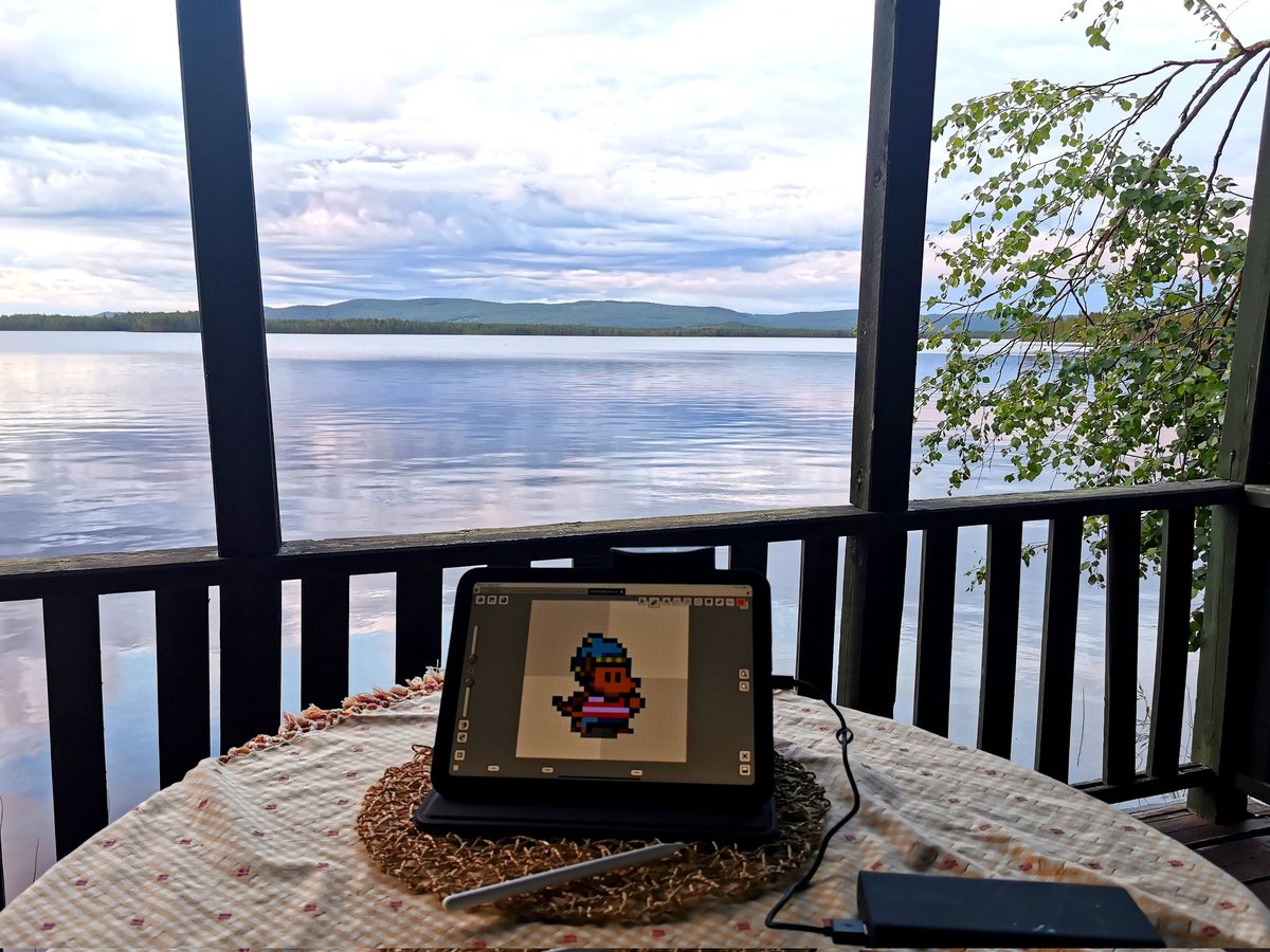 What better opportunity to update my pixel art than off-grid by the lake as the midnight sun sets in? Loving the seamless <a href="/pixquare_app/">Pixquare - Pixel Art Editor</a> and <a href="/aseprite/">Aseprite</a> compatibility for on-the-go creativity. #gamedev #indiegame #games #pixelart #MotivationMonday #Northern #Sweden