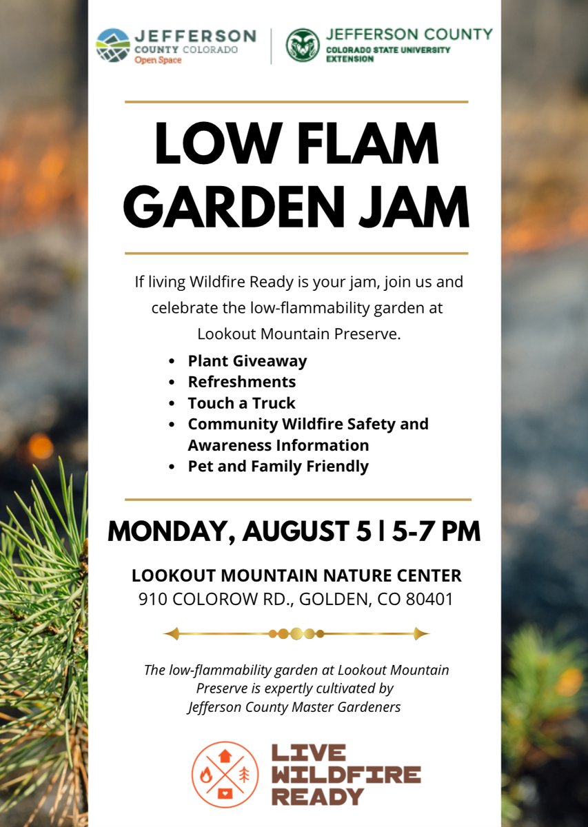 🌿Low Flam Garden Jam🌿

If living Wildfire Ready is your passion, join us at Lookout Mountain Preserve on 8/5 from 5-7 pm to celebrate our low-flammability garden!

Learn how to create fire-resistant landscapes and get tips to protect your🏠from wildfires.