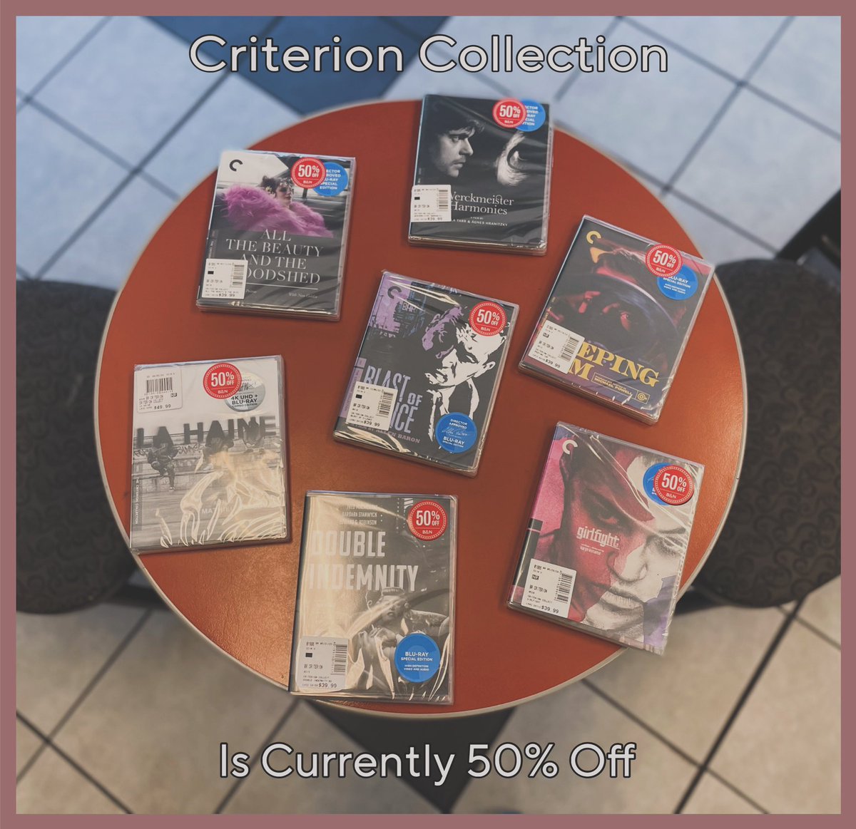 BNStPete's tweet photo. For the time being our Criterion Collection of DVDs are 50% off! Don’t miss out on this epic opportunity before it’s too late! 🎥🎬🎞📀📽

#sale #dvd #bluray #movies #niche #barnesandnoble #saintpetersburg https://t.co/tiTvCMPZBP