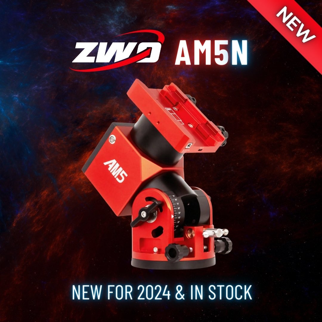 Introducing the new &amp; improved ZWO AM5N! bit.ly/3zqLmME

Offering the portability and payload capacity of the AM5, with new features added! 
•USB-C &amp; DC 12v output ports on saddle 
•New Bluetooth compatibility 
•Periodic error reduced from ±20 down to ±10 arcseconds