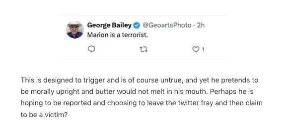 GeoartsPhoto's tweet photo. To be clear, I called Marion a terrorist because she terrorizes people online calling them every awful name imaginable. Such terms as bitch, POS, filth, etc. 

To answer your question Cathy, in a word, NO.

#JessieCzebotar #CathyFox https://t.co/aSoRROhXmK