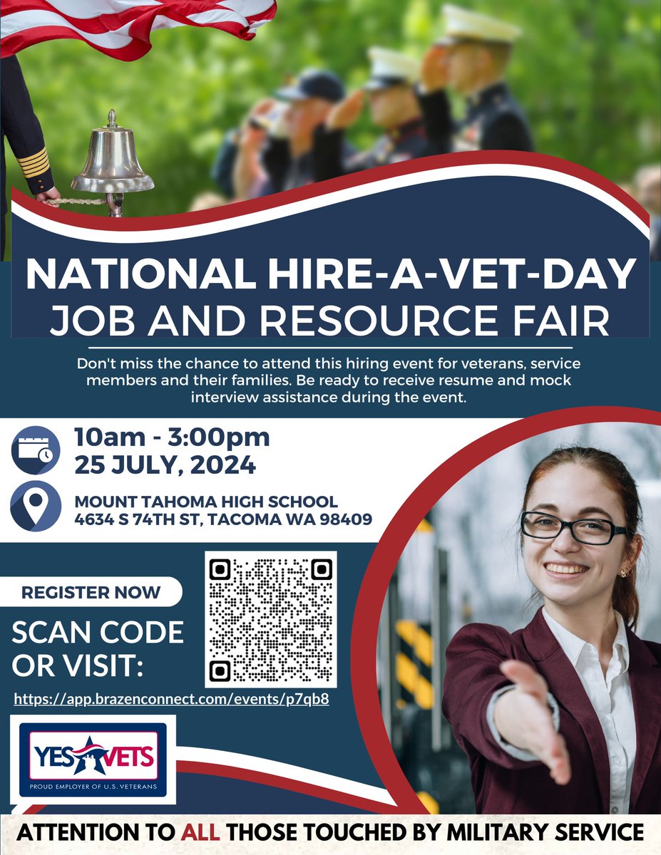 Attention YesVets employers! Participate in our statewide job fair for Veterans and military families on July 25, 2024, from 10 a.m. to 3 p.m. at Mount Tahoma.
