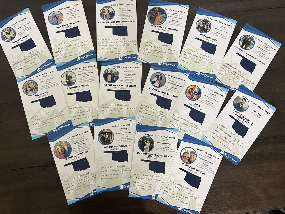 SendNetworkOK's tweet photo. Just a few of our profile cards for some of the Send Network Oklahoma Church Planters. We’re excited to have these to help those who desire to be Supporting Churches learn about the planters, their work, and their needs shared on the backside! @NAMB_SBC @sendnetwork @OKBaptists https://t.co/nnVK83hOxs