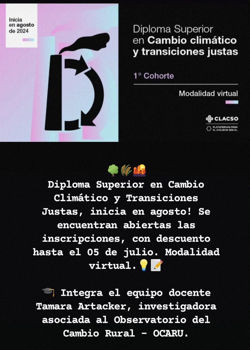 OCARU (@ocaruec) on Twitter photo clacso.org/diploma-superi…
🌳🌾🌇 Diploma Superior en Cambio Climático y Transiciones Justas, inicia en agosto!
🎓 Integra el equipo docente Tamara Artacker <a href="/tamaraart3/">Tamara Art</a>, investigadora asociada al Observatorio del Cambio Rural - OCARU. clacso.org/diploma-superi…
🌳🌾🌇 Diploma Superior en Cambio Climático y Transiciones Justas, inicia en agosto!
🎓 Integra el equipo docente Tamara Artacker <a href="/tamaraart3/">Tamara Art</a>, investigadora asociada al Observatorio del Cambio Rural - OCARU.