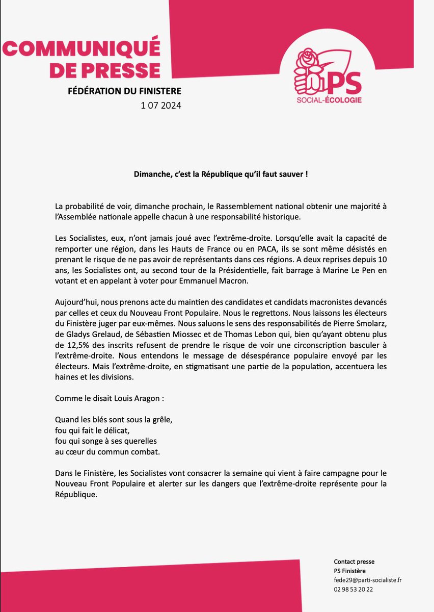 Tristan Foveau (@tristanfoveau) on Twitter photo 1er tour des #legislatives2024 , le communiqué de presse de la <a href="/fede_PS29/">Les socialistes du Finistère</a> ⤵️ 1er tour des #legislatives2024 , le communiqué de presse de la <a href="/fede_PS29/">Les socialistes du Finistère</a> ⤵️