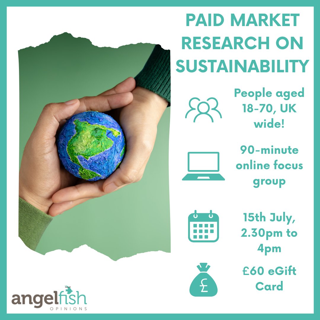 thisisangelfish's tweet photo. TALK ABOUT SUSTAINABILITY THEMES! ♻️
We’re looking to speak to people aged 18-70 about sustainability themes to get them booked in for a 90-minute online focus group on Mon 15th July 2.30 - 4pm for a £60 eGift Card.
APPLY: https://t.co/KuJAIaULtu
#paidmarketresearch #haveyoursay https://t.co/rlyMgGU5JU