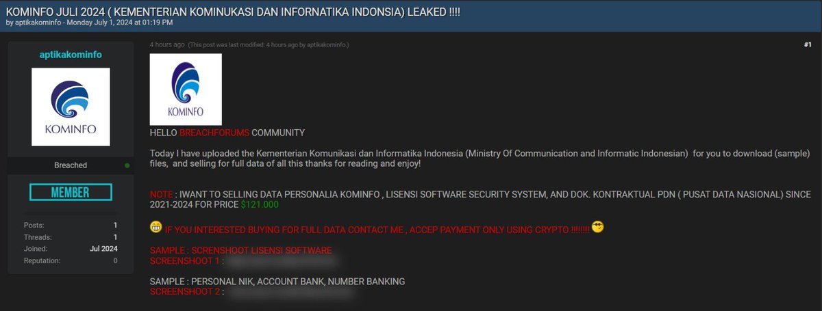 FalconFeedsio's tweet image. 🚨 Indonesia’s Ministry of Communication and Informatics Data for Sale

Leaked by: aptikakominf on BreachForums

Ministry of Communication and Informatics Indonesia (kominfo.go.id) - Personal data, software license security system, and contractual documents from the…