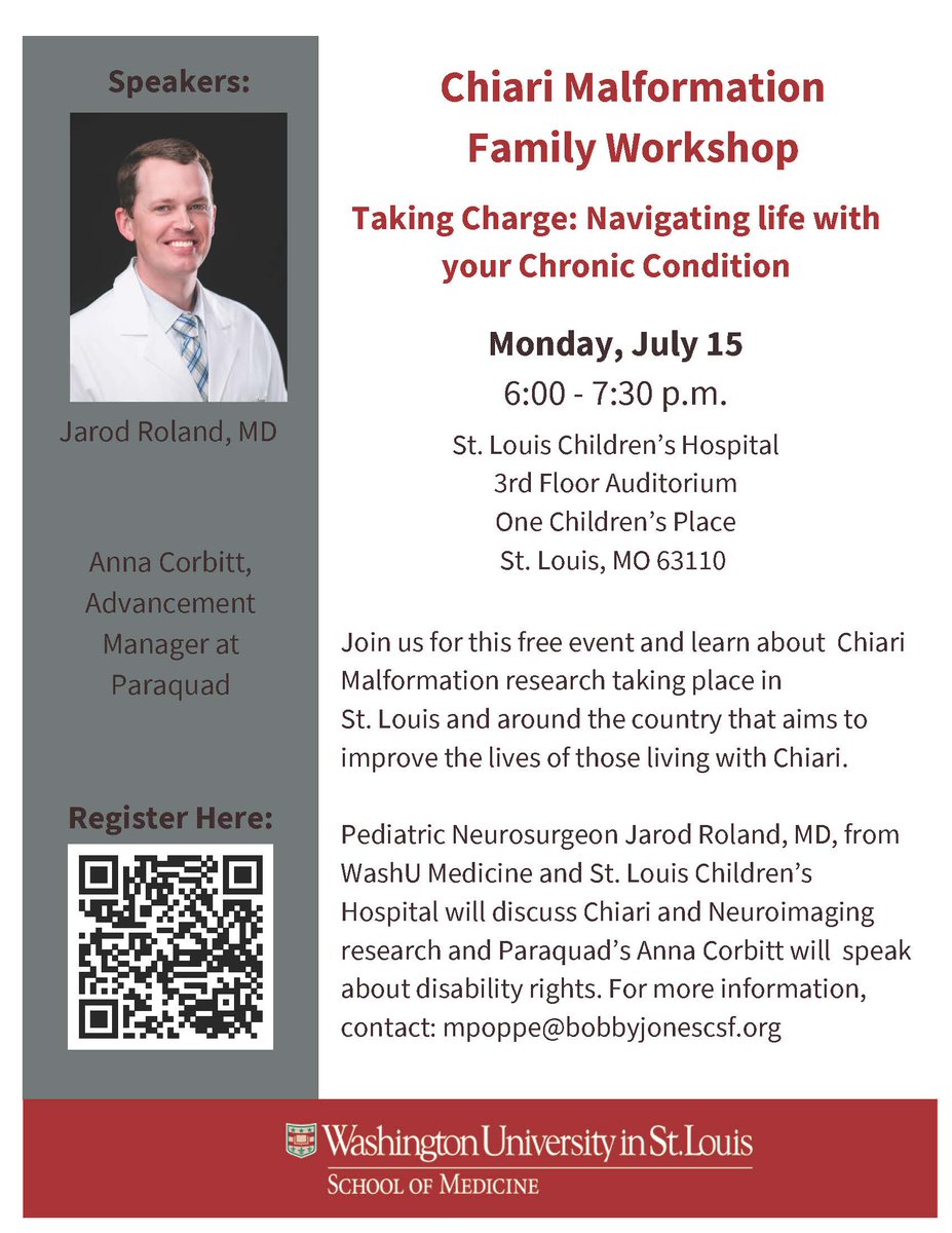 WashU Med Taylor Family Department of Neurosurgery (@washuneurosurg) on Twitter photo Join us for the Chiari Malformation Family Workshop on 7/15 at 6p.m. at <a href="/STLChildrens/">STLChildrensHospital</a>. Jarod Roland, MD (<a href="/JarodLRoland/">Jarod Roland</a>) will discuss #chiari research & Anna Corbitt from <a href="/paraquad/">Paraquad</a> will talk about disability rights. RSVP.:bit.ly/4cFYkV9 Join us for the Chiari Malformation Family Workshop on 7/15 at 6p.m. at <a href="/STLChildrens/">STLChildrensHospital</a>. Jarod Roland, MD (<a href="/JarodLRoland/">Jarod Roland</a>) will discuss #chiari research & Anna Corbitt from <a href="/paraquad/">Paraquad</a> will talk about disability rights. RSVP.:bit.ly/4cFYkV9