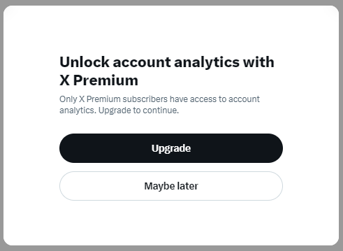 MiMawby's tweet photo. Well, in terrible, horrible, no good, very bad news for social media managers everywhere, X finally killed native analytics.
You can't even see them without being a paid account and what they provide is the LEAST useful reporting on any social platform. What a joke. https://t.co/5vd9uyr5vt