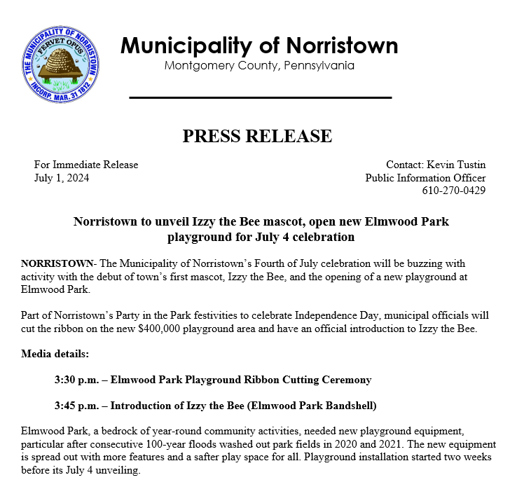 Our Fourth of July Party in the Park will officially welcome our new mascot, Izzy the Bee, and a new playground at Elmwood Park!
norristown.org/CivicAlerts.as…