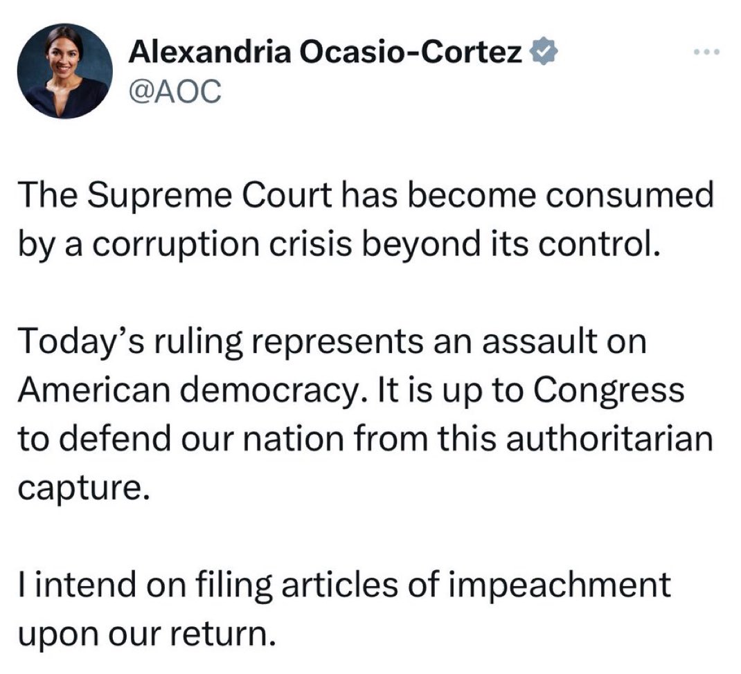 AOC now wants to impeach the Supreme Court for

…checks notes…

upholding the Constitution?!