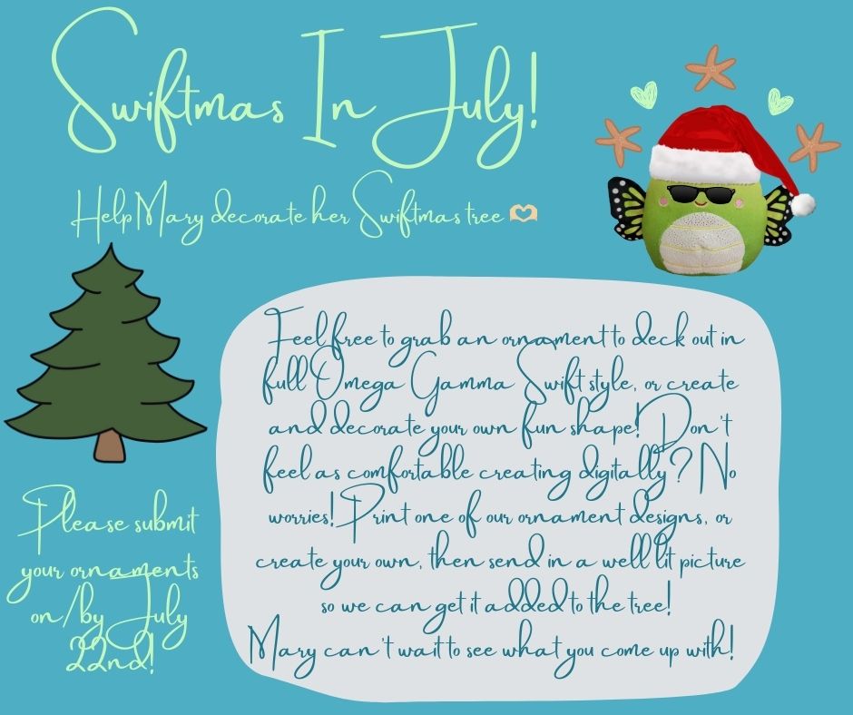 OmegaGammaSwift's tweet photo. Mary's looking to spread some joy by celebrating Swiftmas in July! You can help her raise spirits and spread cheer by decorating a Swiftmas ornament to add to the tree. (Templates in thread!) Share your ornaments below; Mary can't wait to see them!💚🫶🏼 #SwiftmasInJuly https://t.co/lsvb94gd03