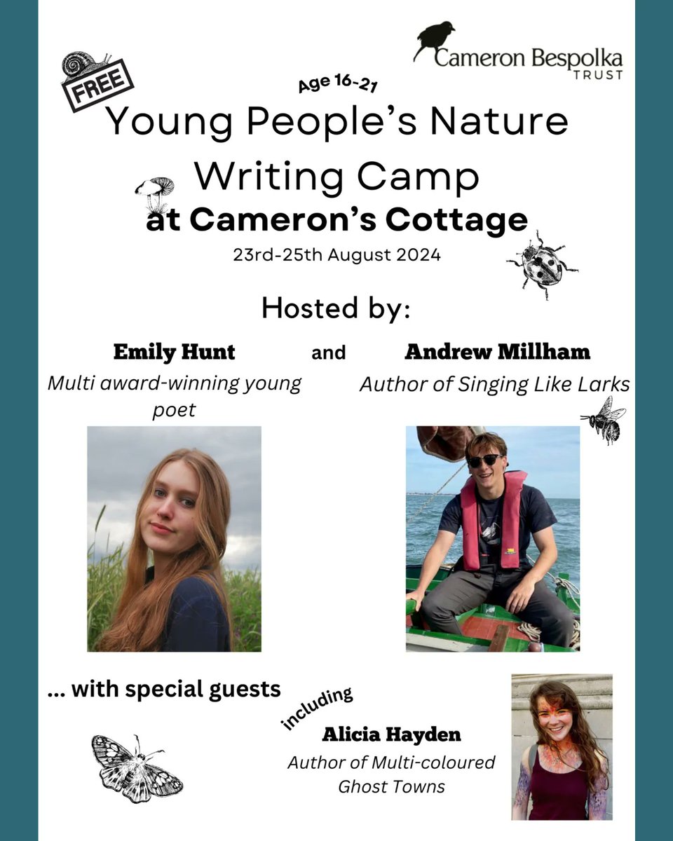 em_nature's tweet image. Please retweet! 🌿 This August I am hosting a Nature Writing Camp in the New Forest alongside Andrew Millham and Alicia Hayden, supported by @cameron_b_trust . Really excited to provide this space for young people with an interest in nature and writing. Application link below!