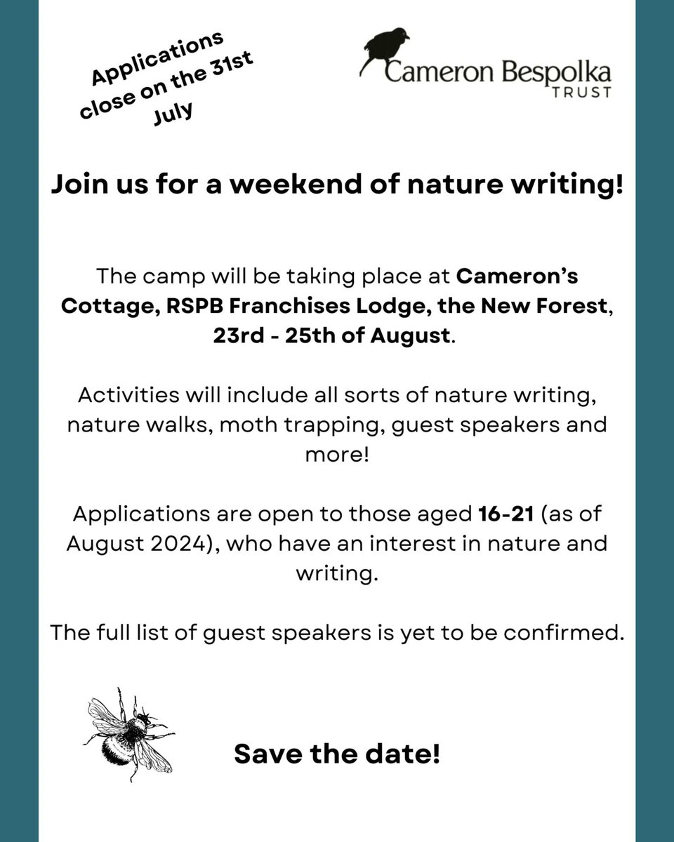 em_nature's tweet image. Please retweet! 🌿 This August I am hosting a Nature Writing Camp in the New Forest alongside Andrew Millham and Alicia Hayden, supported by @cameron_b_trust . Really excited to provide this space for young people with an interest in nature and writing. Application link below!