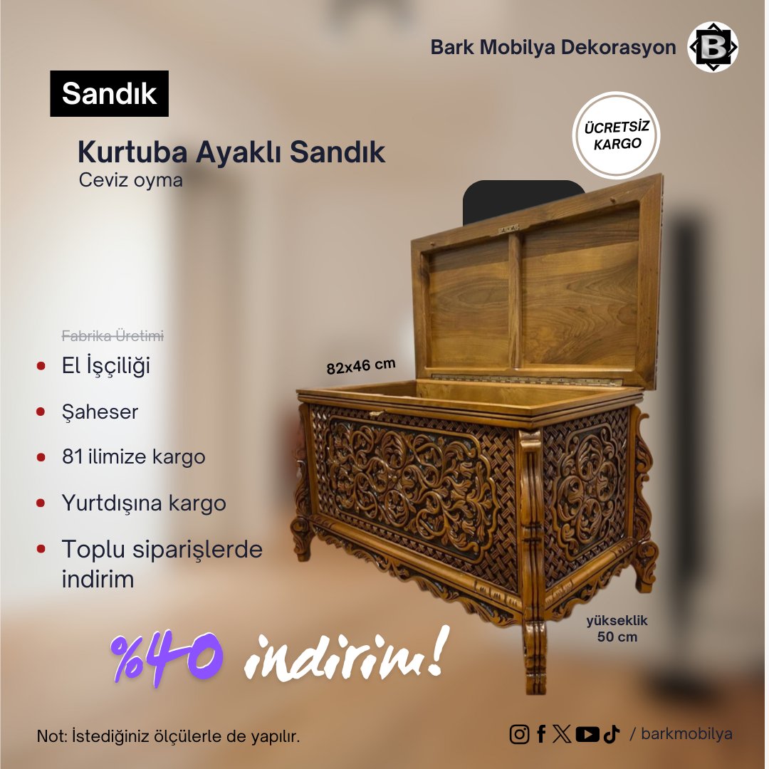 🤍 Bark Mobilya'da Yaz Ayı indirimleri devam ediyor! 17.000 TL'den senin için 10.490 TL'ye düşürdük! Estetik ve kalitenin kombinasyonu Kurtuba Ayaklı Sandık, %40 indirimle evinin köşesine şıklık katmak için bekliyor! Sınırlı sayıdaki bu nadide ürünü kapmak için acele et!