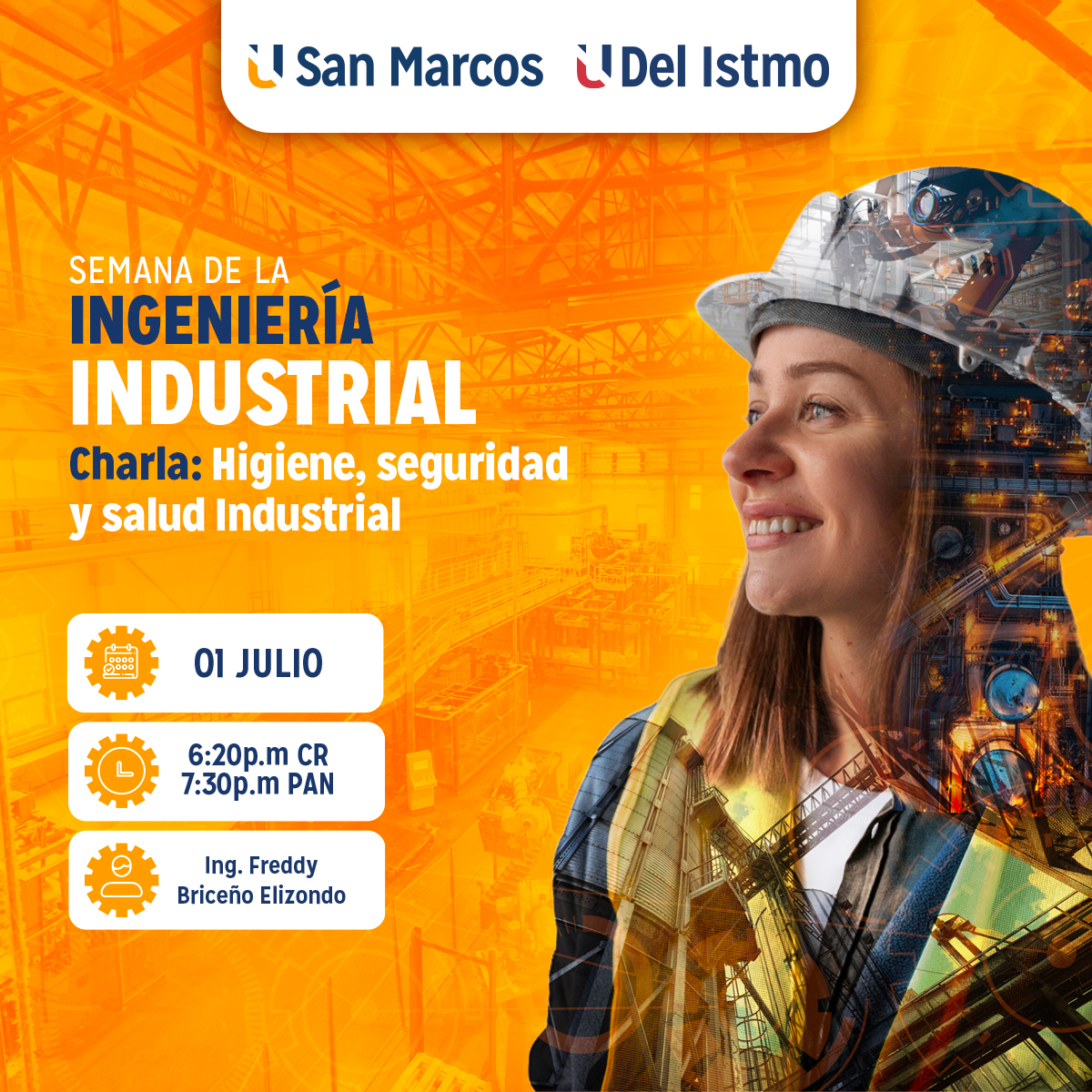 usanmarcoscr's tweet photo. La Universidad San Marcos te invita a la Semana de Ingeniería Industrial. 👷‍♀️👷

Conéctate a la charla de higiene, seguridad y salud industrial, donde adquirirás valiosas herramientas para el ámbito laboral.😎

Podés ingresar mediante el link: https://t.co/9JdE7c2GZV https://t.co/mFiWYEkhli