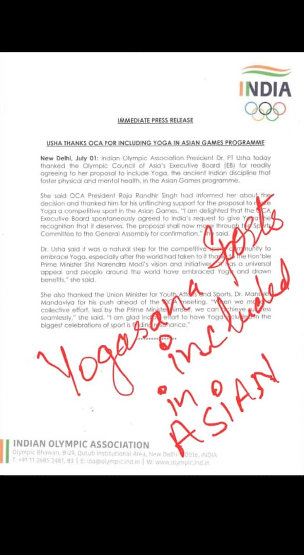 <a href="/world_yogasana/">World Yogasana official Account</a> <a href="/mansukhmandviya/">Dr Mansukh Mandaviya</a> <a href="/Media_SAI/">SAI Media</a> <a href="/yogrishiramdev/">स्वामी रामदेव</a> <a href="/SanjayMalpani20/">Sanjay Malpani</a> <a href="/UditSheth/">उदित UDIT</a> <a href="/SabLokTantra/">Sabloktantra</a> World Yogasana and Yogasana Bharat Hard Work Shines: Yogasana Sports Included in Asian Games*
 thank you to Hon'ble Prime Minister Narendra Modi ji
<a href="/narendramodi/">Narendra Modi</a> <a href="/world_yogasana/">World Yogasana official Account</a> <a href="/DrJaideepArya/">Dr Jaideep Arya जयदीप आर्य</a> <a href="/PTUshaOfficial/">P.T. USHA</a> 
<a href="/mansukhmandviya/">Dr Mansukh Mandaviya</a> <a href="/moayush/">Ministry of Ayush</a> <a href="/IndiaSports/">Dept of Sports, Govt of India</a> <a href="/Media_SAI/">SAI Media</a> <a href="/yogrishiramdev/">स्वामी रामदेव</a>