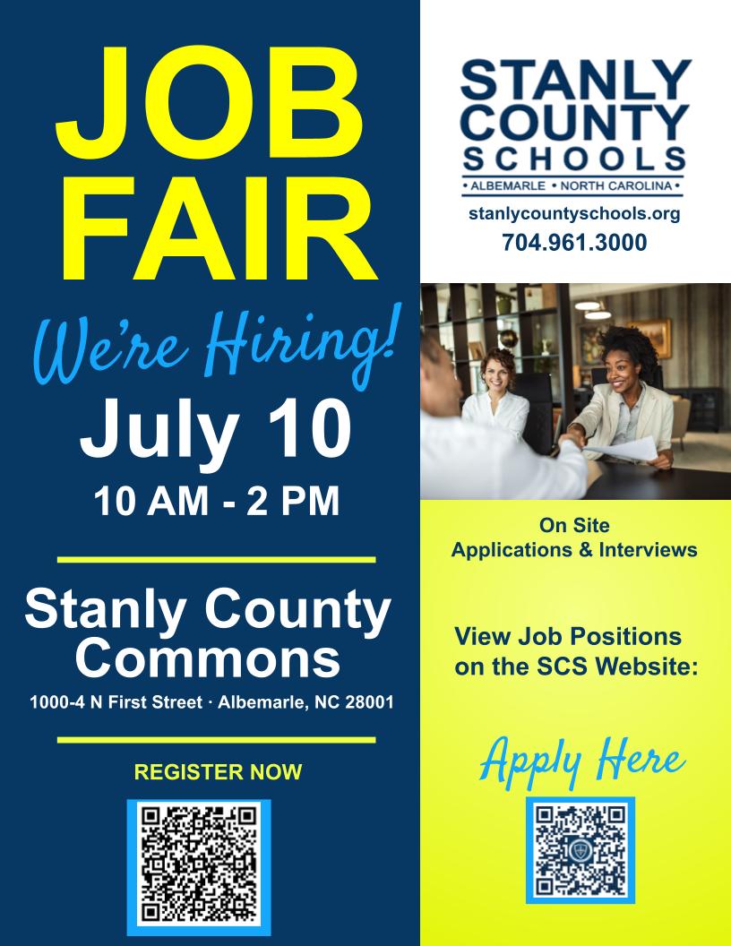 StanlySchools's tweet image. JOB FAIR | July 10  | 10 am - 2 pm
Stanly County Commons
1000-4 North First Street
Albemarle, NC 28001
Great Opportunities for You!