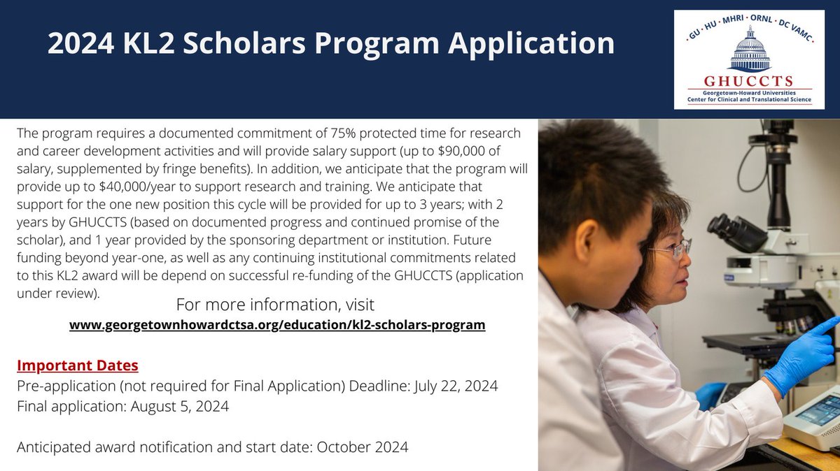 GHUCCTS CTSA (@ghuccts_ctsa) on Twitter photo Announcing the 2024 KL2 Scholars Program Application | Open to early-career investigators from <a href="/GUMedicine/">Georgetown Medicine</a> <a href="/HowardU/">Howard University</a> <a href="/MedStarResearch/">MedStar Health Research</a> <a href="/ORNL/">Oak Ridge Lab</a> who have a full-time faculty appointment.
Visit georgetownhowardctsa.org/education/kl2-… for more info. Announcing the 2024 KL2 Scholars Program Application | Open to early-career investigators from <a href="/GUMedicine/">Georgetown Medicine</a> <a href="/HowardU/">Howard University</a> <a href="/MedStarResearch/">MedStar Health Research</a> <a href="/ORNL/">Oak Ridge Lab</a> who have a full-time faculty appointment.
Visit georgetownhowardctsa.org/education/kl2-… for more info.