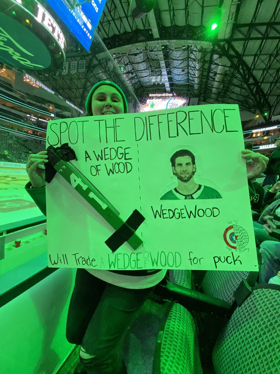 Phleather's tweet photo. Scott Wedgewood appreciation post !!!! Thank you @wedgewall for being my emotional support backup goalie and all around favorite player the last few years and for having a great name to make an iconic pun with (see signs in pics)!! 💚🌟💚 https://t.co/wi5nQjc8wC