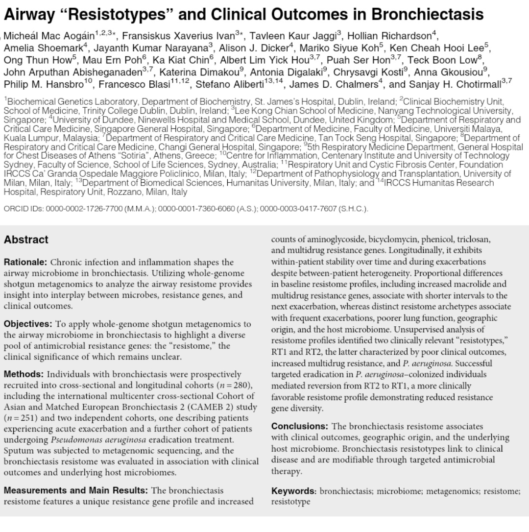 Amr_Lung's tweet image. On #WorldBronchiectasisDay, check out really interesting research about the bronchiectasis &quot;resistome&quot; (diverse pool of antimicrobial resistance genes) @mmacaogain @ProfJDChalmers 
atsjournals.org/doi/10.1164/rc…