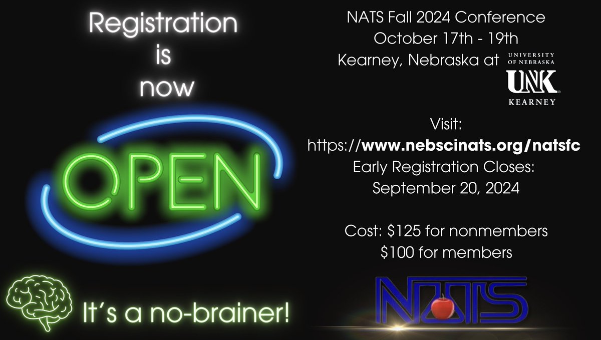It's Time! Time for Watt💡? Time to register for the NATS Fall Conference October 17th-19th, 2024 at UNK: nebscinats.org/natsfc #NebSciNATS