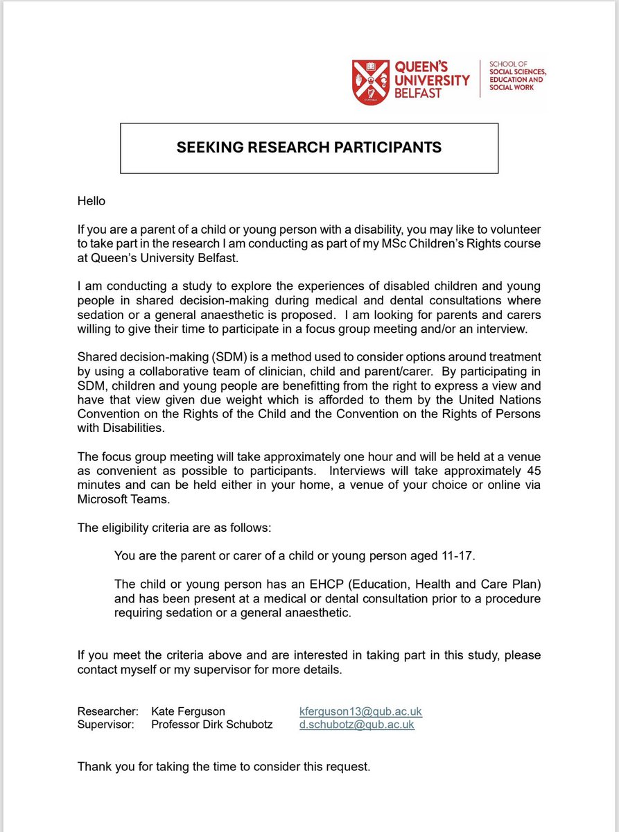 CALL FOR RESEARCH PARTICIPANTS! 
I’m nearing the end of my MSc Children's Rights and looking for participants in my research.  The face-to-face focus group meeting will be in North East England and interviews either face-to-face or online. 
#UNCRC #CRPD <a href="/ChildRightsQUB/">Children'sRightsQUB</a>