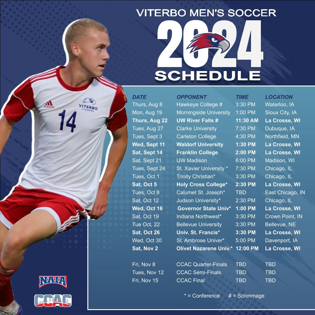 ViterboSoccer's tweet photo. 📅 Our Fall 2024 Schedule is here! 📅 

#FlyTogether #VHawkNation https://t.co/tXG0X6kaHT