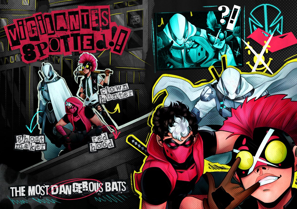 floatinghanmi's tweet image. my piece for @gothamcenzine !! 

i wanted to do a punk magazine spread with the punkiest bat-characters, it was SO MUCH FUN and i love how it turned out 🧷❤️

#ghostmaker #clownhunter #redhood #dccomics

you can still buy the zine or some merch at the link in the replies!! ⬇️