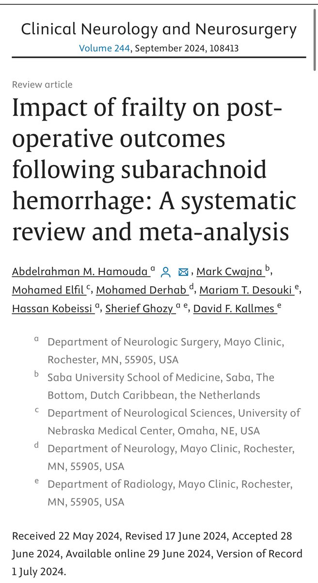 🚨 Excited to share our latest publication in Clinical Neurology and Neurosurgery! 🚨

"Impact of frailty on post-operative outcomes following subarachnoid hemorrhage: A systematic review and meta-analysis"
doi.org/10.1016/j.clin…
#Neurology #Neurosurgery #MedicalScience #medEd