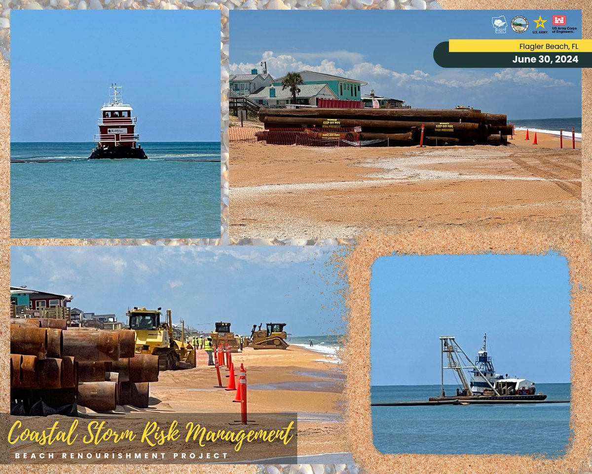 FlaglerCtyGov's tweet photo. Update: equipment has begun arriving in Flagler Beach on behalf of the Coastal Storm Risk Management (CSRM) project. @JaxStrong has slated approximately 4 months for beach renourishment efforts. Avoid active construction sites; use public beach access points. #FlaglerFirst https://t.co/xwrBeQpHdI