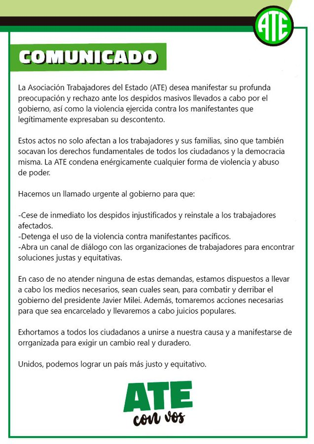 DipMonteverde's tweet photo. ¡CELEBRO EL COMUNICADO DE LA ATE!

Está visto que el gobierno de Milei NO RESPETA las vías democráticas. Por lo tanto la lucha debe ser en las calles, para derrocar este gobierno y parar con tanto sufrimiento del pueblo trabajador.

"AQUÍ NO SE RINDE NADIE" - Chavez https://t.co/eO9OnAw3sC
