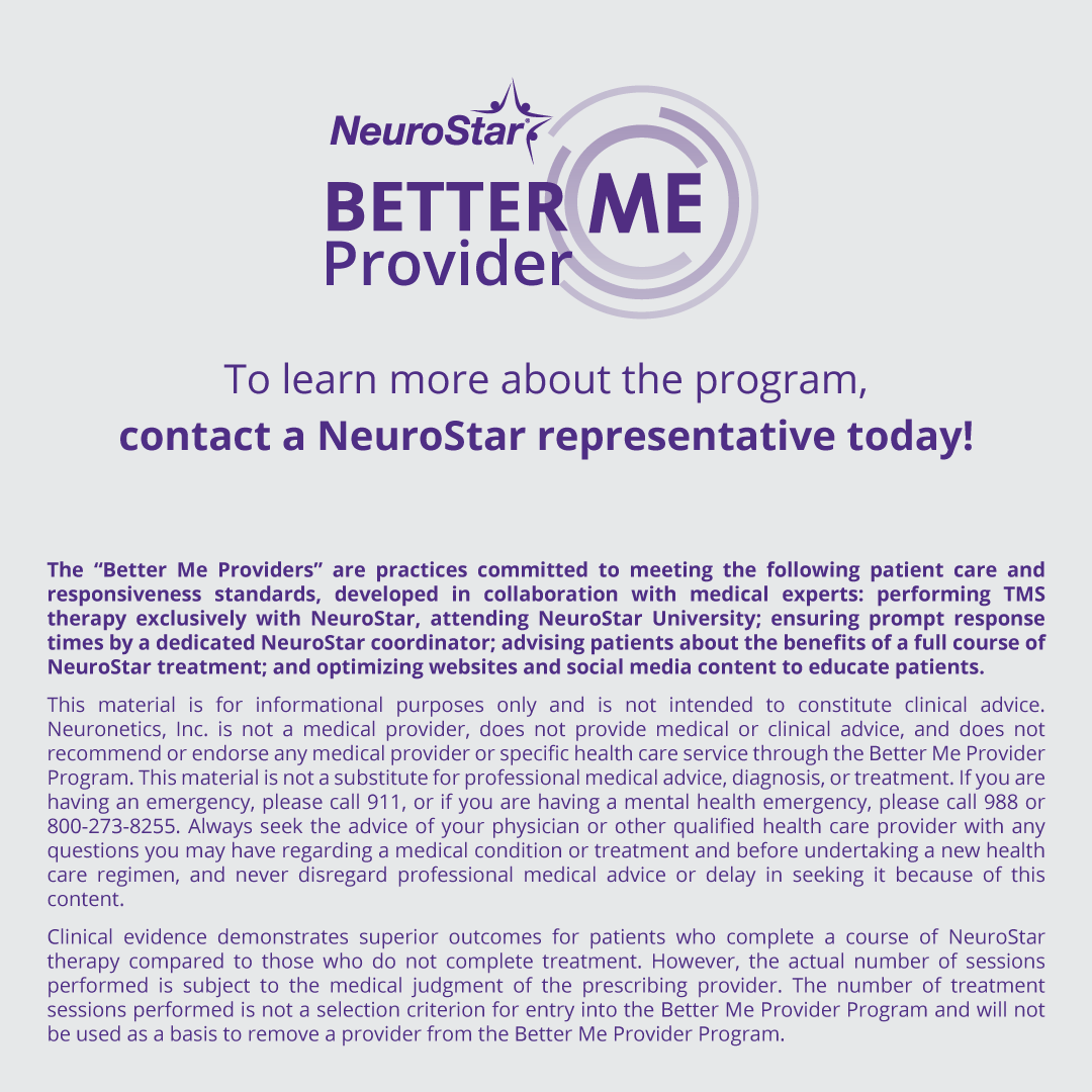 TMSTherapy's tweet photo. Announcing the national launch of our Better Me Provider (BMP) program!  Proud to be the first and only TMS company to establish comprehensive standards for patient care and responsiveness in the mental health industry.  

Learn more about the BMP program https://t.co/hP8nm05UvG https://t.co/aNmumCJxpX