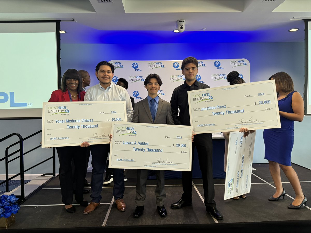 pbcsd's tweet photo. 🎓🎉 Five Palm Beach County School District high school graduates received the @nexteraenergy Scholarship which supports students in Science, Engineering, Communication, Mathematics, and Enrichment (SECME) to pursue an academic career in STEM. Each recipient of this merit award will earn up to $20,000 and was chosen for their outstanding academic performance and dedication to a specific area of STEM.

🌟Congratulations to the following students:
• Elisha M. Jackson: Palm Beach Gardens High School
• Jonathan Perez: Pahokee Middle-Senior High School
• Lazaro A. Valdez: Pahokee Middle-Senior High School
• Rebeca Jean - Atlantic Community High School
• Yonel Mederos Chavez: Pahokee Middle-Senior High School

💡🩵  Thank you to (@insideFPL)  Florida Power & Light (FPL) | @nexteraenergy for your valued community partnership and dedication to the students of Palm Beach County!