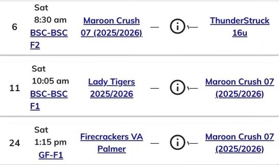 After a great weekend in Fairfax last weekend my team is playing again in Botetourt, VA at the “USA softball Stars and Stripes” tournament! Here is my schedule for this weekend!
<a href="/MasonSoftball/">George Mason Softball</a>  <a href="/ecu__softball/">East Carolina Softball</a> <a href="/RoanokeSoftball/">RoanokeSoftball</a> <a href="/RandolphSB/">Randolph College Softball</a> 
<a href="/marooncrush07/">MaroonCrush07 (25/26)</a>