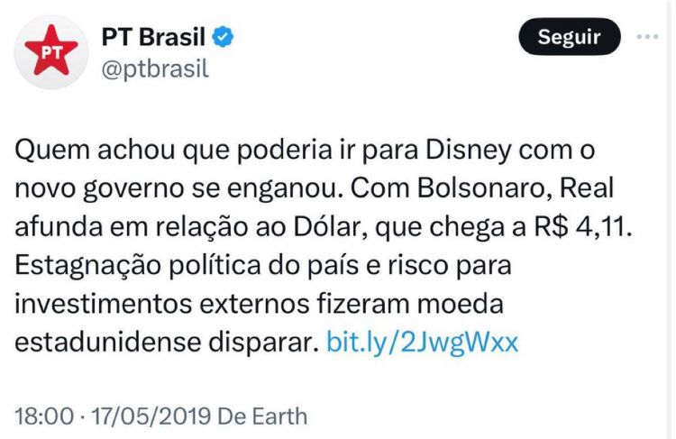 Hoje, sem pandemia, dólar bate R$ 5,60. O PT, além de hipócrita, é pior que uma pandemia.