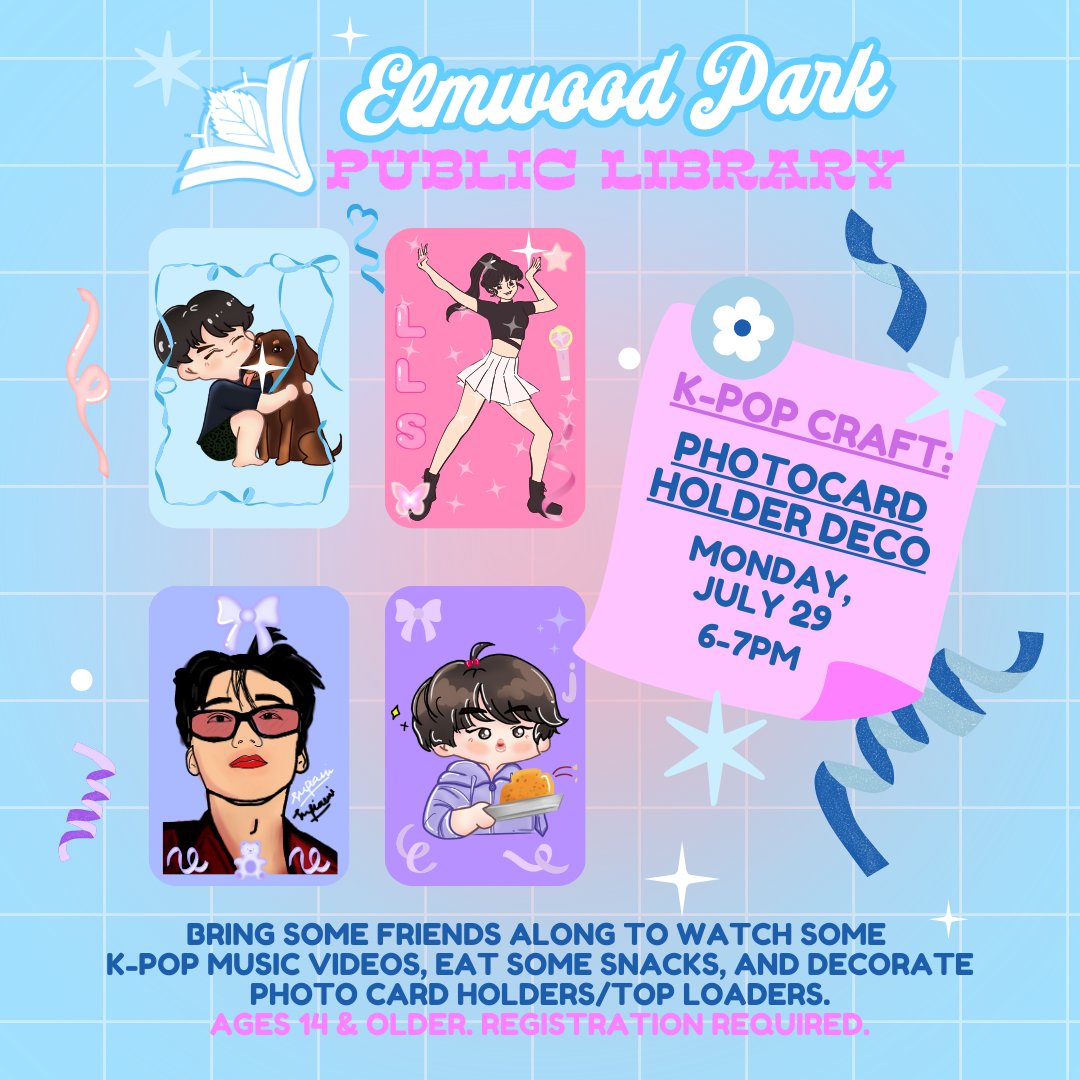 New hair! New tee! EP, do you see? Bring some friends along to watch some #KPOP music videos, eat some snacks, and decorate photo card holders/top loaders. Ages 14+. Registration required. 🫰
elmwoodpark.librarycalendar.com/event/k-pop-cr…
#library #elmwoodparkillinois