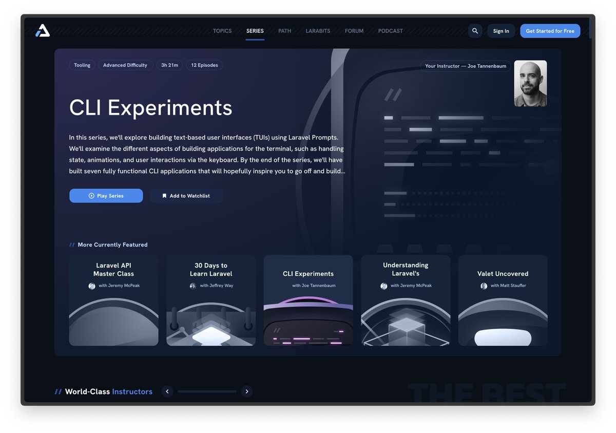 Laracasts (@laracasts) on Twitter photo Woop! A brand new guest masterclass course launches in its entirety today on Laracasts.
Join <a href="/joetannenbaum/">Joe Tannenbaum</a> as he demonstrates how to build seven fully functional CLI applications.
"CLI Experiments"
- 12 Episodes
- 3.5 Hours
- Included as part of your $19 monthly subscription. Woop! A brand new guest masterclass course launches in its entirety today on Laracasts.
Join <a href="/joetannenbaum/">Joe Tannenbaum</a> as he demonstrates how to build seven fully functional CLI applications.
"CLI Experiments"
- 12 Episodes
- 3.5 Hours
- Included as part of your $19 monthly subscription.