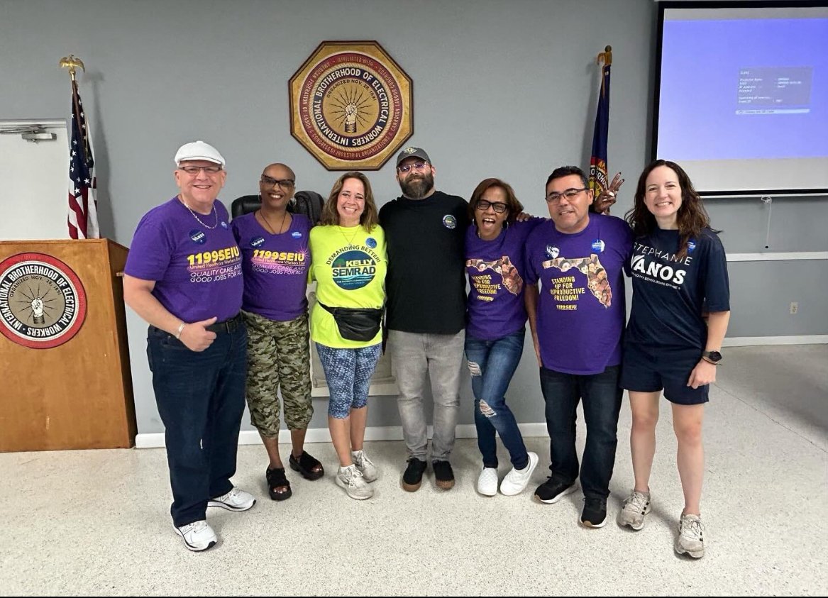 VoteKellyD5's tweet photo. Team Kelly stands up for Unions! Saturday, June 25th was a day of action! We celebrated our local Labor Unions' victories with SEIU &amp; AFL-CIO along with Teams Anna Eskamani, Carlos Guillermo Smith, Congressman Maxwell Frost, &amp; Stephanie Vanos! https://t.co/hf6p1Ushfz