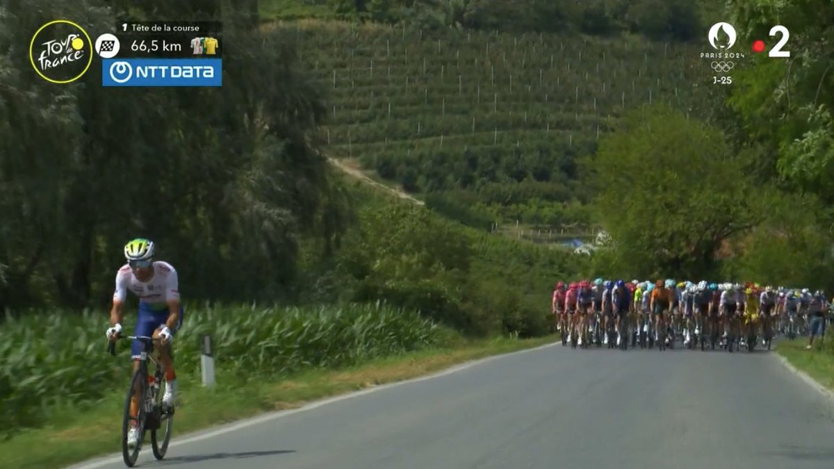 ⚡️ Attaque de 🇫🇷<a href="/fabien_grellier/">Fabien Grellier</a> à 66km de l'arrivée ! Le Français part en solitaire.

⚡️ The second attack of the day, by Fabien Grellier as we approach 66km to go! 

#TDF2024