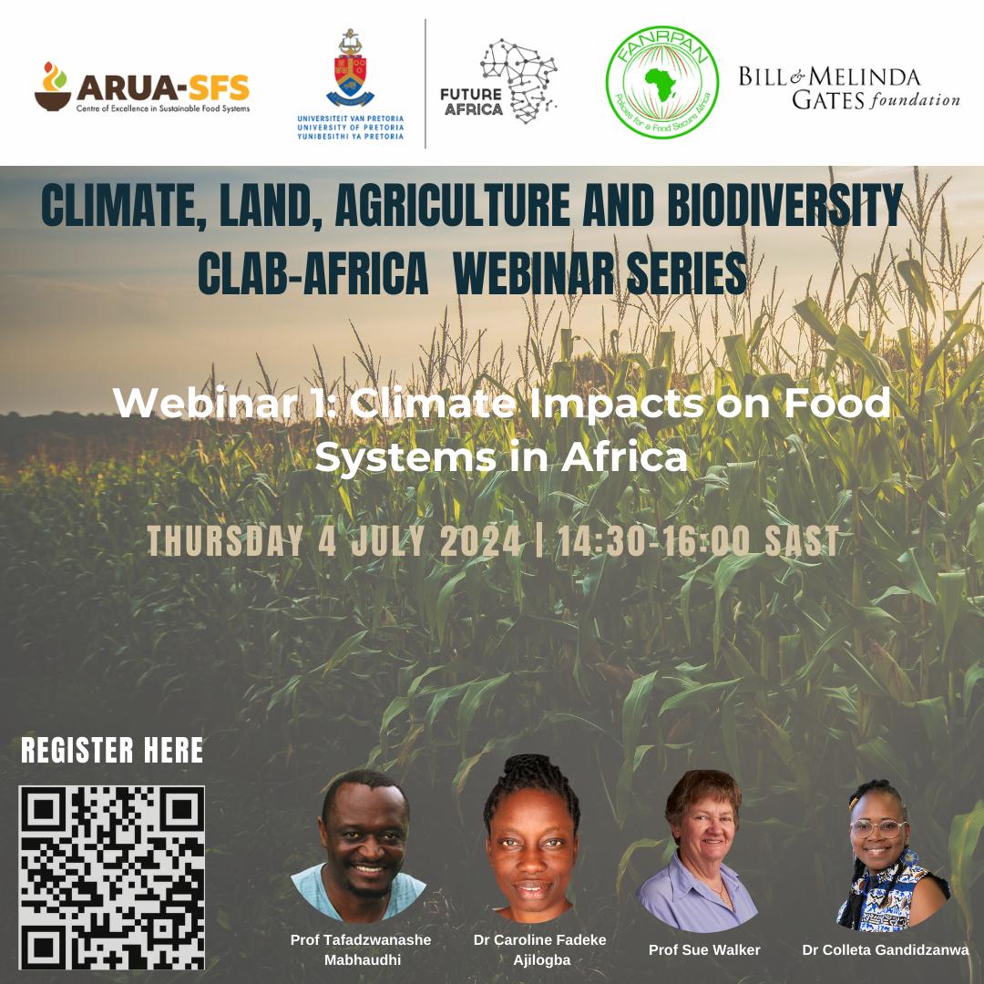 Join us for the first in a series of webinars for the Climate, land, Agriculture, and Biodiversity (CLAB-Africa) project. 
Webinar 1: Climate Impacts on Food Systems in Africa. 
Thurs 4 Jul 14:30-16:00. 
Register: bit.ly/3XDojbB 📢